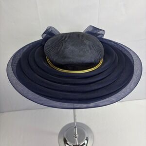 Vintage Sonni San Francisco Womens Navy Blue Wide Brim Hat‎ Bow Kentucky Derby